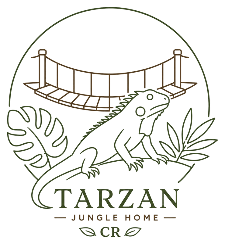 Logo de Tarzan Jungle Home CR: una iguana sobre un puente colgante entre hojas de selva
