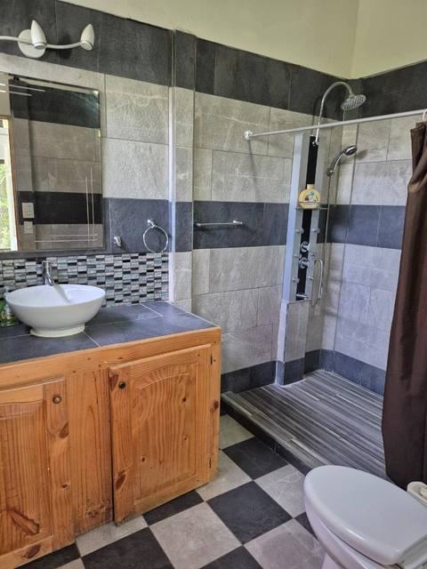 Baño con piso a cuadros y ducha en tonos oscuros
