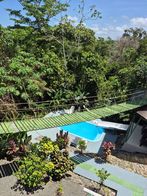 Puente de canopy suspendido sobre la piscina y el dosel de la selva