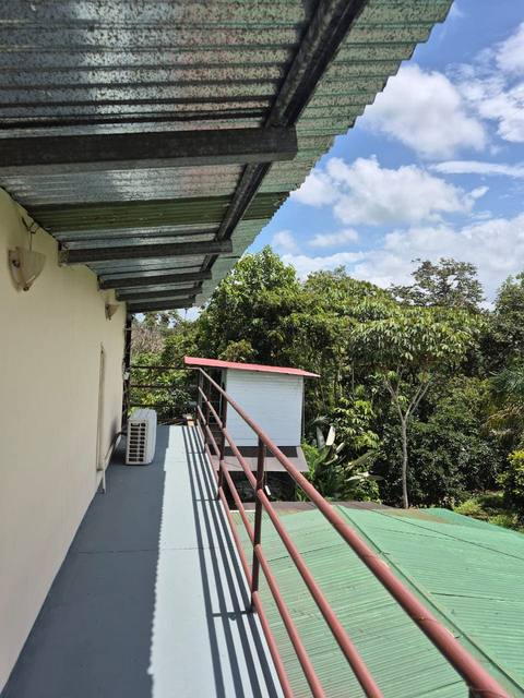 Balcón corredor hacia un mirador con techo rojo, rodeado de árboles