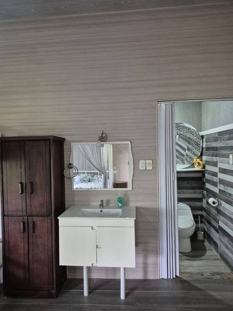 Área de tocador con armario y lavamanos junto a la entrada del baño